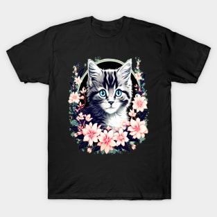 Black and Grey Kitten Surrounded by Spring Flowers T-Shirt